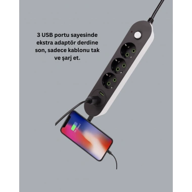 3 USB Çıkışlı Hızlı Şarjlı Anahtarlı Üçlü Priz