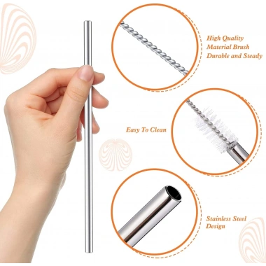 31 cm Ekstra Uzun Paslanmaz Çelik Pipet Seti – 3 Parça (Eğri + Düz + Fırça)