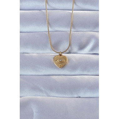 316L Altın Renk Zirkon Taşlı İşlemeli Göz Detay Kalp Kolye