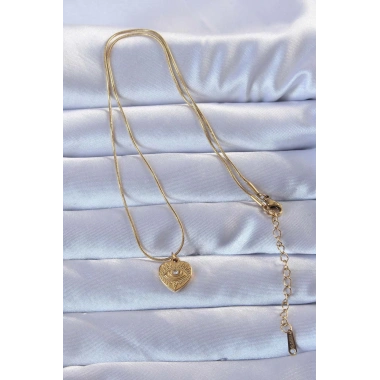 316L Altın Renk Zirkon Taşlı İşlemeli Göz Detay Kalp Kolye