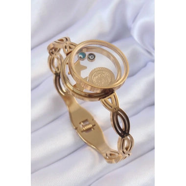 316L Çelik Altın Renk İçi Nazar Boncuk ve Yıldız Figürlü Açılabilir Fanus Kelepçe