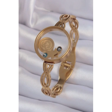 316L Çelik Altın Renk İçi Nazar Boncuk ve Yıldız Figürlü Açılabilir Fanus Kelepçe