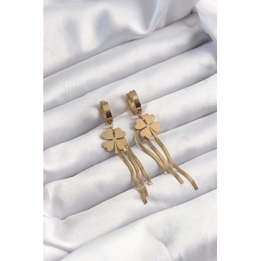 316L Çelik Altın Renk İtalyan Zincirli Yonca Model Halka Küpe