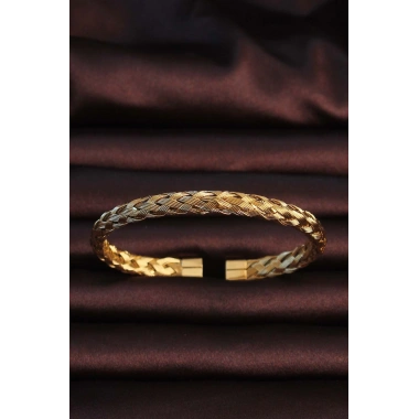 316L Çelik Altın Renk Kalın Yassı Örgü Model Erkek Bileklik