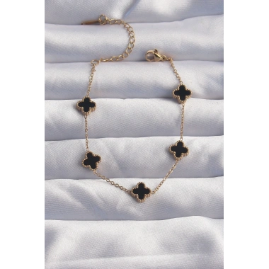 316L Çelik Baby Boy Gold Renk Siyah Mineli Yonca Bileklik