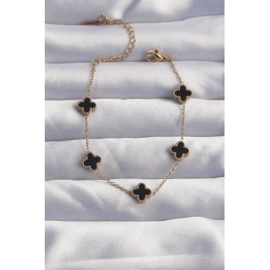 316L Çelik Baby Boy Gold Renk Siyah Mineli Yonca Bileklik