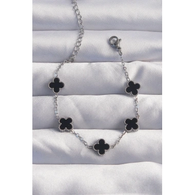 316L Çelik Baby Boy Gümüş Renk Siyah Mineli Yonca Bileklik