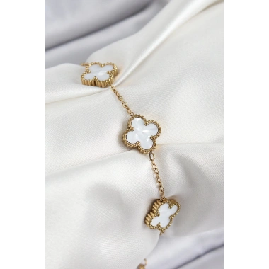 316L Çelik Beyaz Sedef Yonca Model Gold Renk Kadın Bileklik