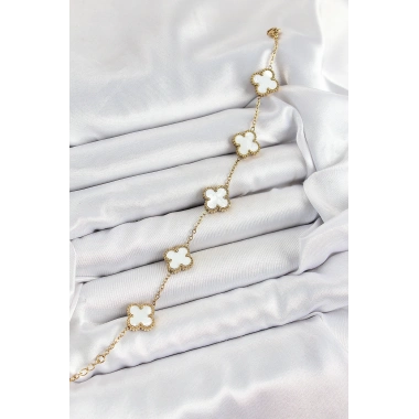 316L Çelik Beyaz Sedef Yonca Model Gold Renk Kadın Bileklik