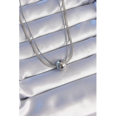 316L Çelik Çift Zincirli Gümüş Renk Topçuk İtalyan Model Kolye