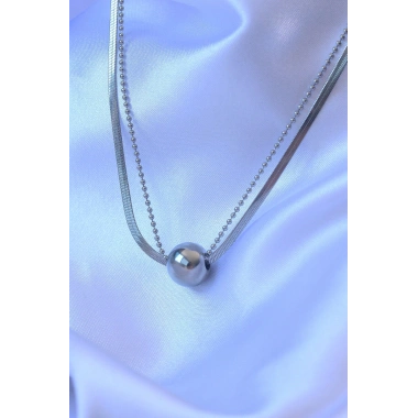 316L Çelik Çift Zincirli Gümüş Renk Topçuk İtalyan Model Kolye