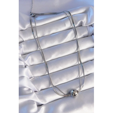 316L Çelik Çift Zincirli Gümüş Renk Topçuk İtalyan Model Kolye