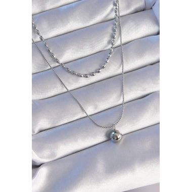 316L Çelik Çift Zincirli Gümüş Renk Topçuk Model Kolye