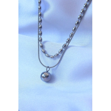 316L Çelik Çift Zincirli Gümüş Renk Topçuk Model Kolye