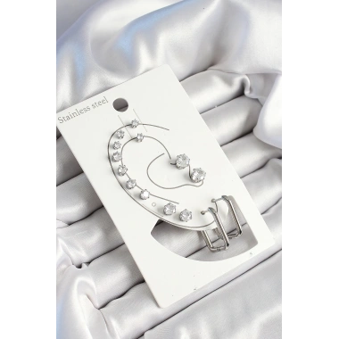 316L Çelik Dikdörtgen Figürlü Ve Zirkon Taşlı Gümüş Renk 7li Çift Kadın Küpe Set