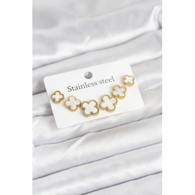 316L Çelik Gold Beyaz Renk 3 Boy Yonca Küpe Seti