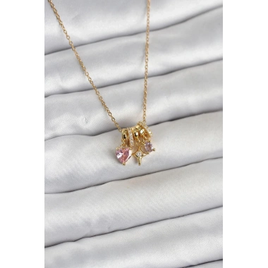 316L Çelik Gold Pembe Zirkon Taşlı Charmlı Kadın Kolye