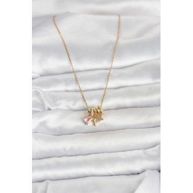 316L Çelik Gold Pembe Zirkon Taşlı Charmlı Kadın Kolye