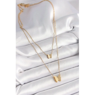 316L Çelik Gold Renk 2Li Simli Kelebek Model Kadın Kolye