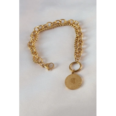 316L Çelik Gold Renk 2li Zincir Model Çeyrek Altınlı Kadın Bileklik