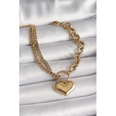 316L Çelik Gold Renk 2Li Zincir Model Kalp Figür Kadın Bileklik