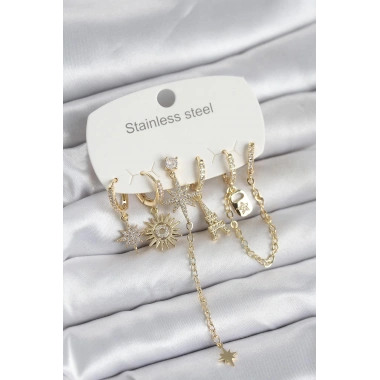 316L Çelik Gold Renk 6lı Set Charmlı Kadın Küpe
