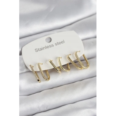 316L Çelik Gold Renk 6lı Set Geometrik Model Kadın Küpe