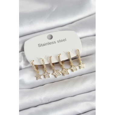 316L Çelik Gold Renk 6lı Set Yıldız Model Kadın Küpe