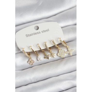 316L Çelik Gold Renk 6lı Set Yonca Model Kadın Küpe