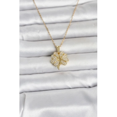 316L Çelik Gold Renk Açılabilir Yonca Model Zirkon Taşlı Kadın Kolye