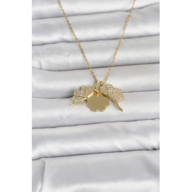 316L Çelik Gold Renk Açılabilir Yonca Model Zirkon Taşlı Kadın Kolye