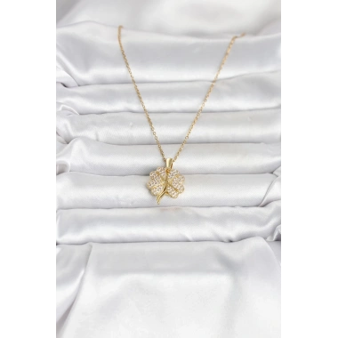 316L Çelik Gold Renk Açılabilir Yonca Model Zirkon Taşlı Kadın Kolye