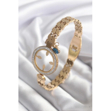 316L Çelik Gold Renk Arpa Model Zirkon Taş Detay Çeyrek Altın Takılabilir Kadın Kelepçe