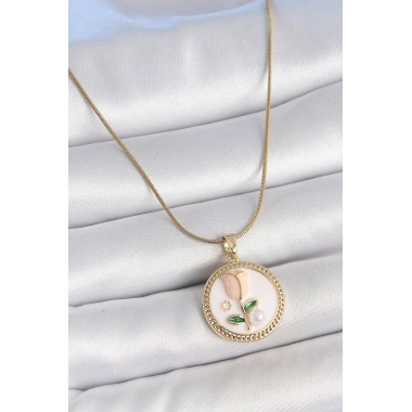 316L Çelik Gold Renk Beyaz Mineli İncili Çiçek İşlemeli Portre Model Kadın Kolye