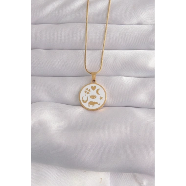 316L Çelik Gold Renk Beyaz Mineli Karışık Figürlü Tarot Kolye
