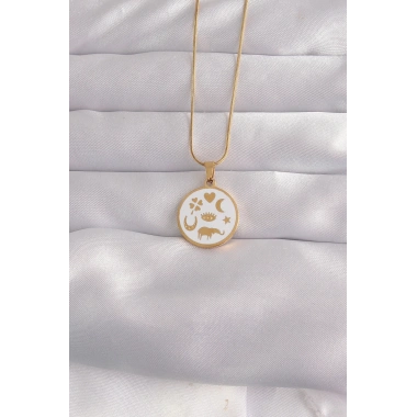 316L Çelik Gold Renk Beyaz Mineli Karışık Figürlü Tarot Kolye