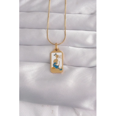 316L Çelik Gold Renk Beyaz Mineli Kız Figür Tarot Kolye
