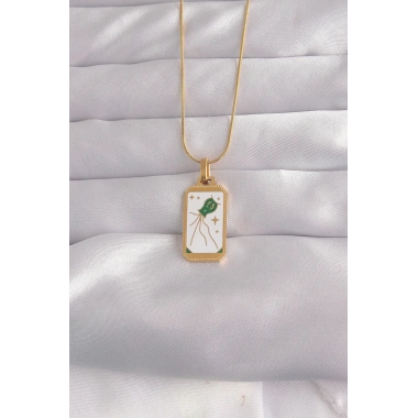 316L Çelik Gold Renk Beyaz Mineli Tarot Kolye