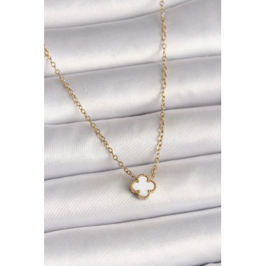 316L Çelik Gold Renk Beyaz Yonca Model Kadın Kolye