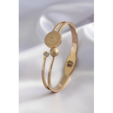 316L Çelik Gold Renk Çeyrek Altın Zirkon Taş Detay Kadın Kelepçe