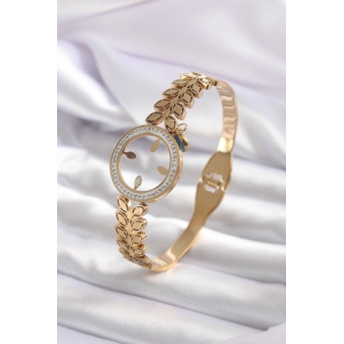 316L Çelik Gold Renk Çeyrek Takılabilen Zirkon Taş Detay Kadın Kelepçe