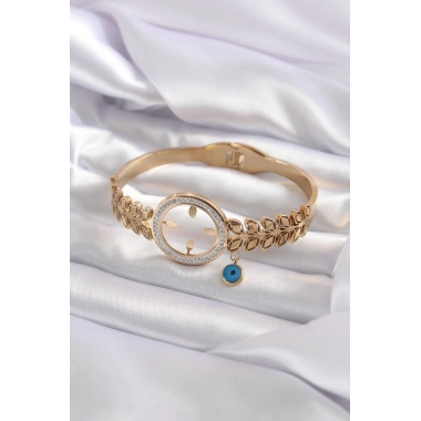 316L Çelik Gold Renk Çeyrek Takılabilen Zirkon Taş Detay Kadın Kelepçe