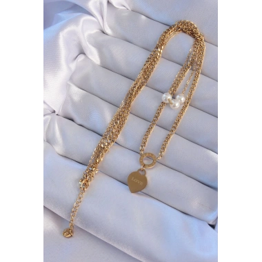 316L Çelik Gold Renk Çift Zincir İnci Detayı Love Kalp Kolye