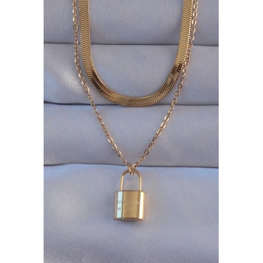 316L Çelik Gold Renk Çift Zincir Kilit Model Kolye