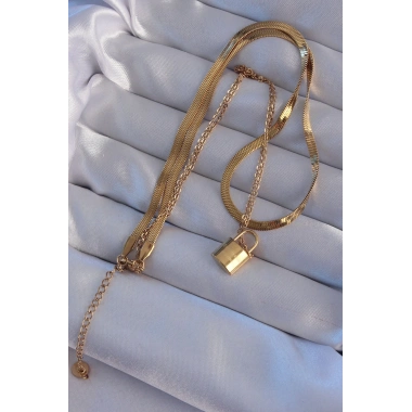 316L Çelik Gold Renk Çift Zincir Kilit Model Kolye