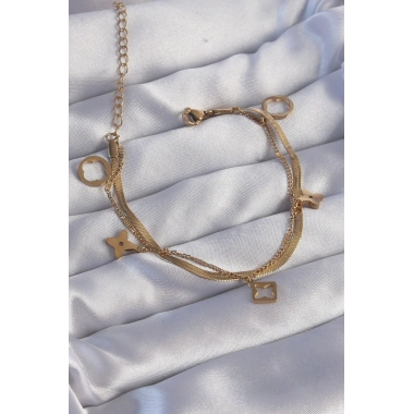 316L Çelik Gold Renk Çift Zincir Yonca Tasarım Bileklik