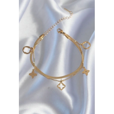 316L Çelik Gold Renk Çift Zincir Yonca Tasarım Bileklik