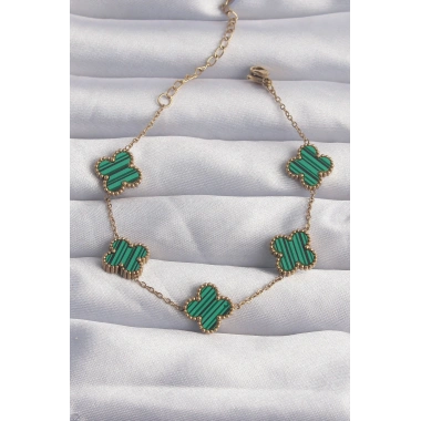 316L Çelik Gold Renk Çizgili Yeşil Mineli Yonca Bileklik