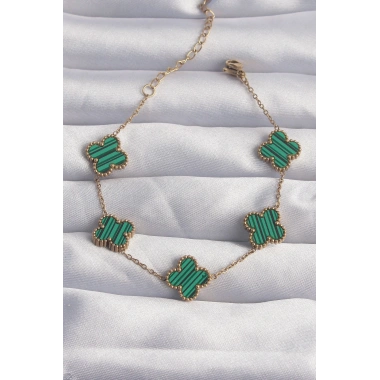 316L Çelik Gold Renk Çizgili Yeşil Mineli Yonca Bileklik