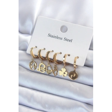 316L Çelik Gold Renk Çoklu Figür Model Kadın Küpe Seti